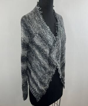 360 SWEATER Gray Stripe Fuzzy Chunky Knit Acrylic Wool Draped Cardigan Sweater S